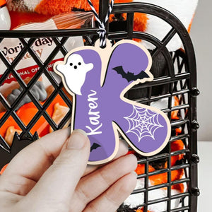 Custom Initial Name Halloween Tag with Kids Name, Spooky NameTag, Bucket Name Tag for Kids, Boo Basket Tag, 3D Wooden Tag