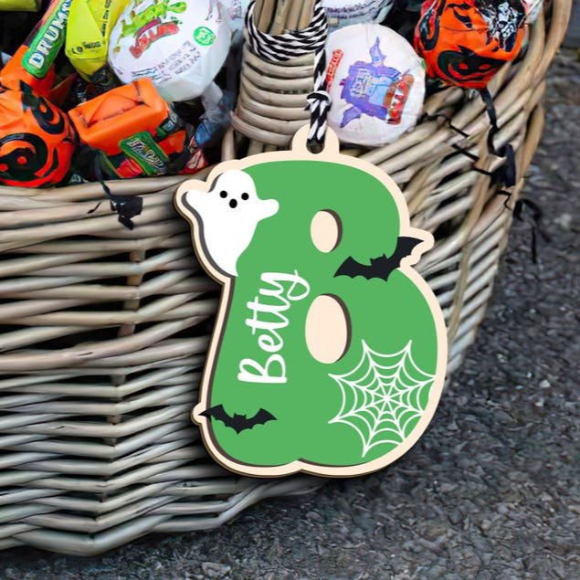 Custom Initial Name Halloween Tag with Kids Name, Spooky NameTag, Bucket Name Tag for Kids, Boo Basket Tag, 3D Wooden Tag