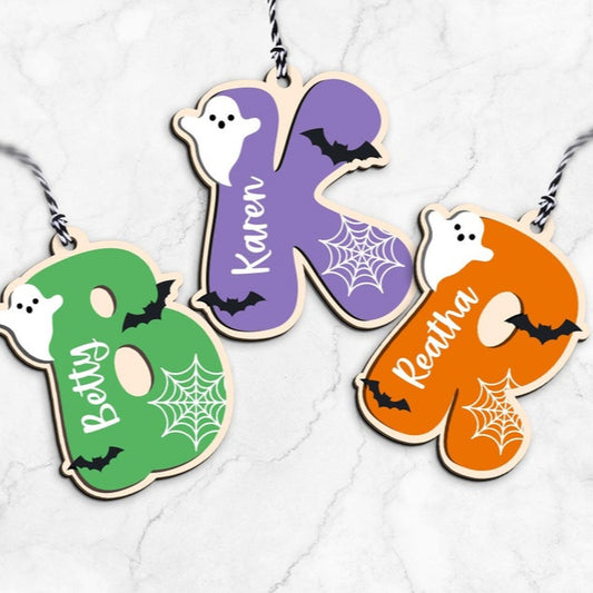 Custom Initial Name Halloween Tag with Kids Name, Spooky NameTag, Bucket Name Tag for Kids, Boo Basket Tag, 3D Wooden Tag