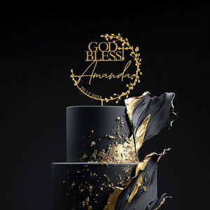 God Bless Cake Topper, Floral Wreath Cake Topper for Baptism, Personalized Christening Cake Topper with Date, First Communion Cake Topper