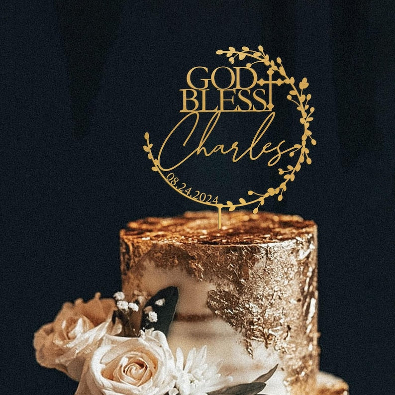 God Bless Cake Topper, Floral Wreath Cake Topper for Baptism, Personalized Christening Cake Topper with Date, First Communion Cake Topper