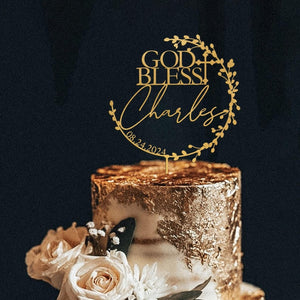 God Bless Cake Topper, Floral Wreath Cake Topper for Baptism, Personalized Christening Cake Topper with Date, First Communion Cake Topper