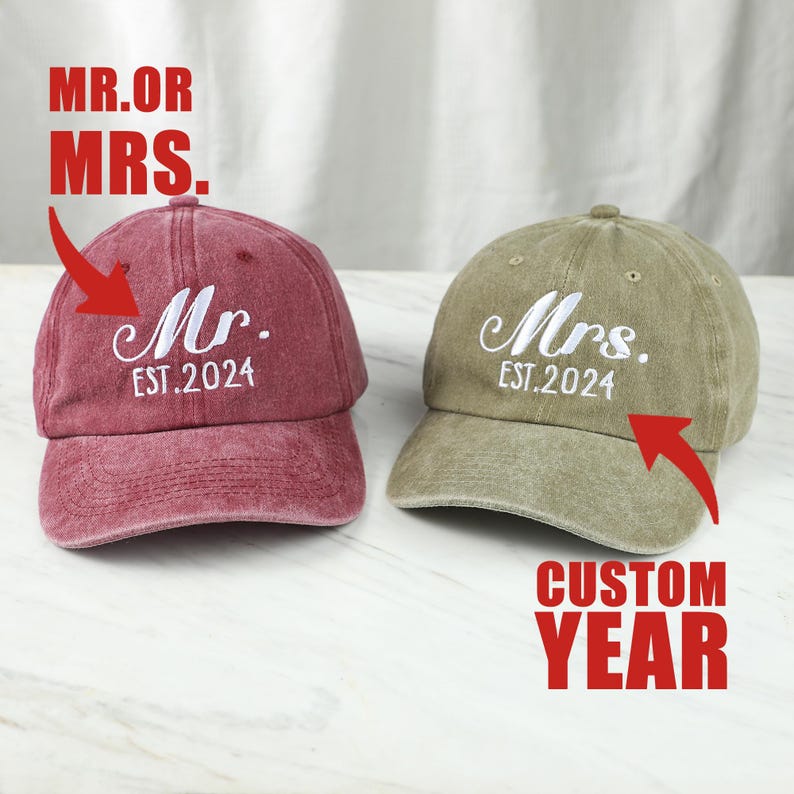 Personalized Mr. And Mrs. Embroidered Hat | Custom Couple Caps | Unstructured Dad Hat | Just Married Cap | Honeymoon Hats