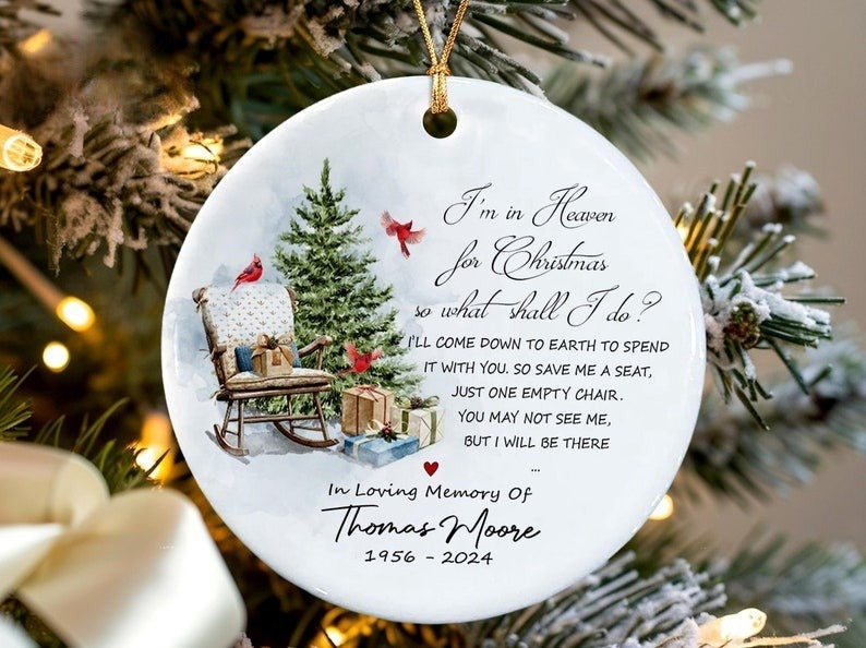 Personalized Christmas In Heaven Memorial Ornament, Cardinal Memorial Ceramic Ornament, Custom In Loving Memory Bereavement Ornament