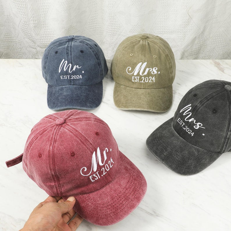 Personalized Mr. And Mrs. Embroidered Hat | Custom Couple Caps | Unstructured Dad Hat | Just Married Cap | Honeymoon Hats