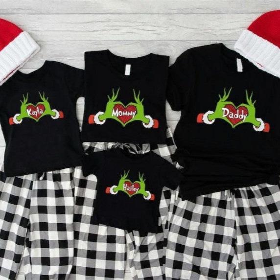 Custom Grinch Family Shirts, Grinchmas Matching Shirts, Grinch Christmas Daddy Mommy Baby Shirts,Personalize Grinch Heart Family 2024 Shirts