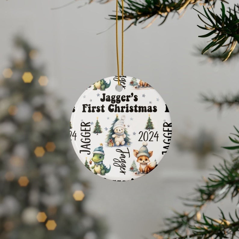 Personalized Baby Boy First Christmas Ornament, Custom Newborn Dino Bear Fox Holiday Sock Gift, Name Tag Ornament Nursery Decor, 1st Xmas