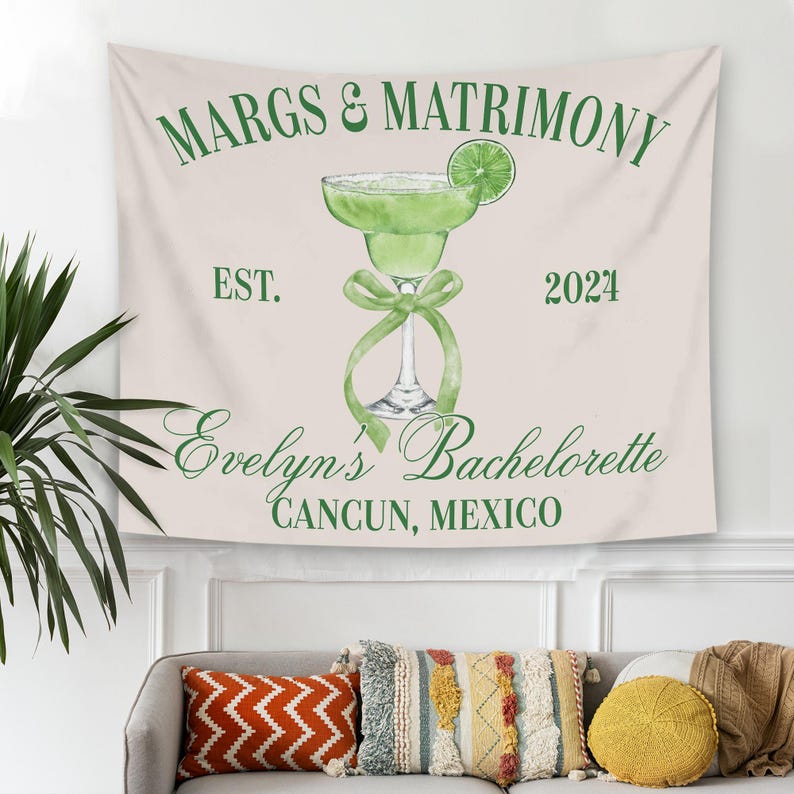 Custom Margs and Matrimony Tapestry, Margaritas Matrimony Bachelorette Party Decor, Beach Bachelorette Photo Backdrop, Bachelorette Banner