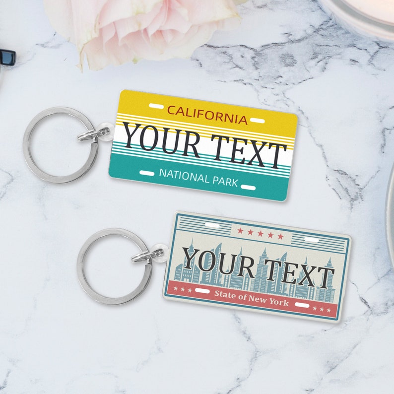 Custom License Plates Acrylic Keychain, Personalized Any Text All States Keychain, Travel Souvenirs American License Plate, gifts for him