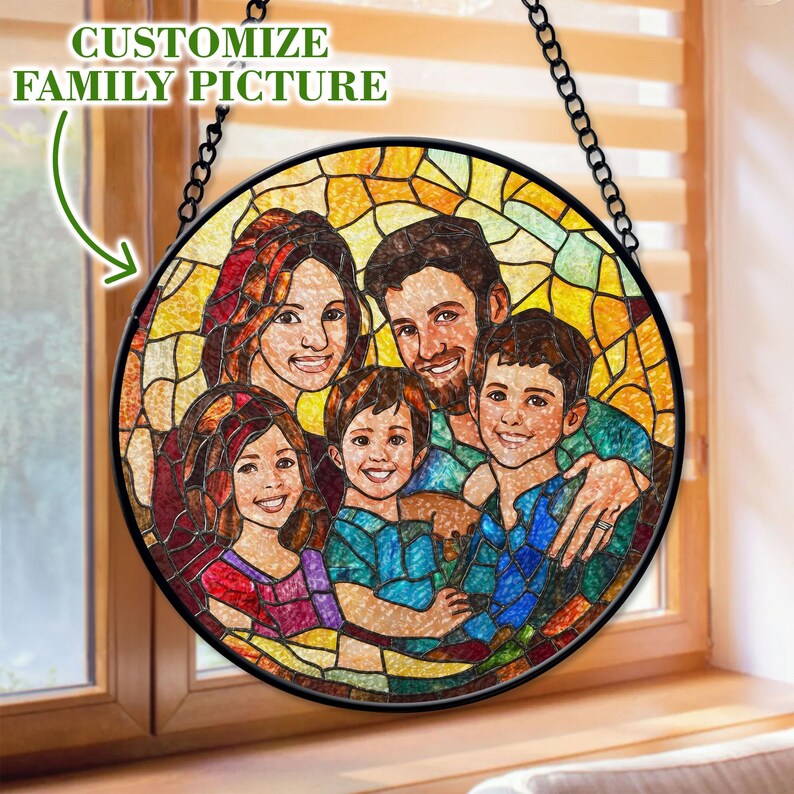 Personalized Family Portrait Stained Glass Suncatcher, Family Portrait From Photo Stained Glass Window Hanging, Christmas Gift For Mom/ Dad