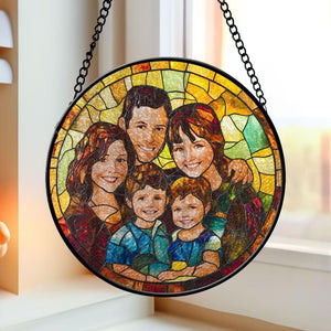 Personalized Family Portrait Stained Glass Suncatcher, Family Portrait From Photo Stained Glass Window Hanging, Christmas Gift For Mom/ Dad