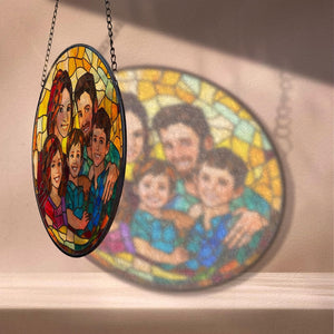 Personalized Family Portrait Stained Glass Suncatcher, Family Portrait From Photo Stained Glass Window Hanging, Christmas Gift For Mom/ Dad