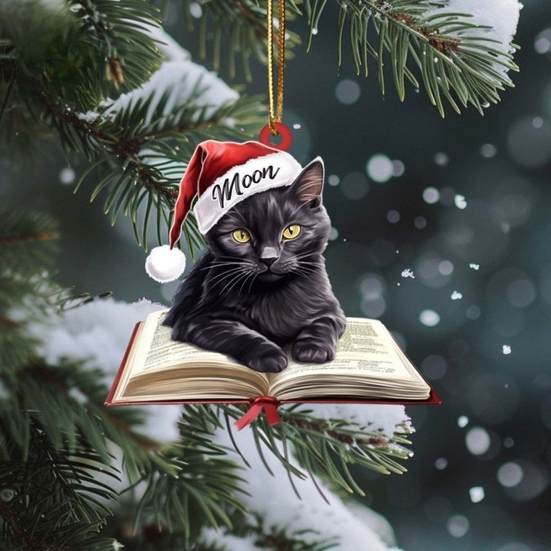 Personalized Cat On Book Ornament, Bookish Christmas Ornament Book Lover Gift, Bookworm Gifts, Librarian Gift, Cat Memorial Gift