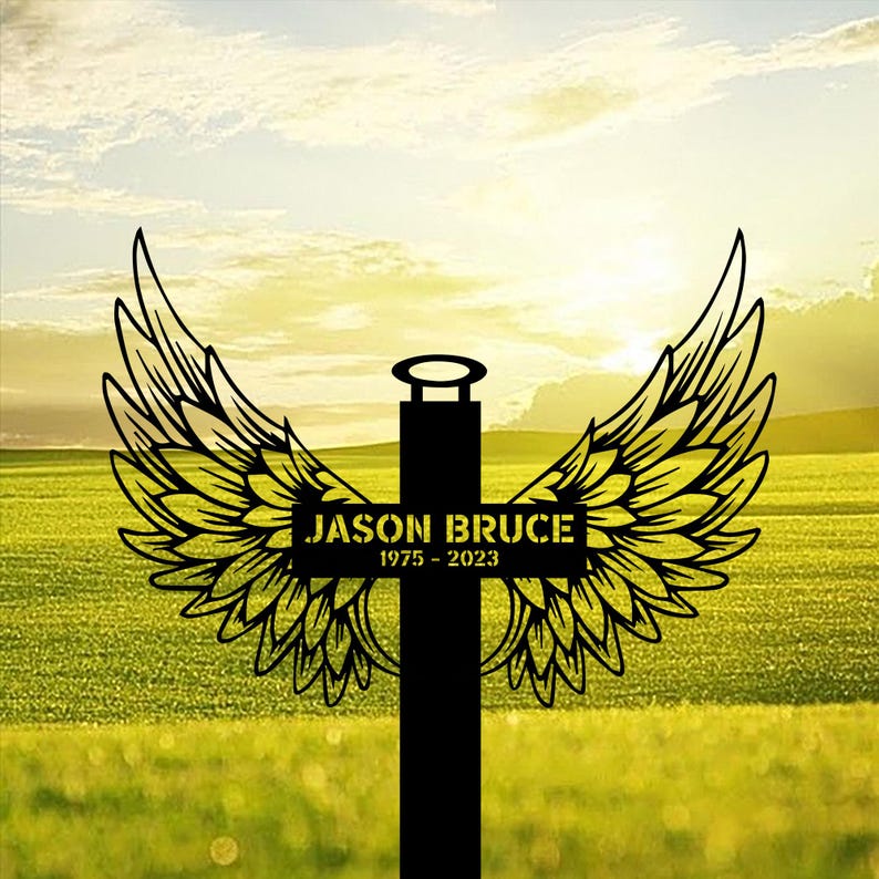 Custom Cross With Wing Metal, Cross Sign Memorial Stake, Cross Stake, Metal Stake, Sympathy Gift, Garden Sign, Grave Marker Remembrance Sign