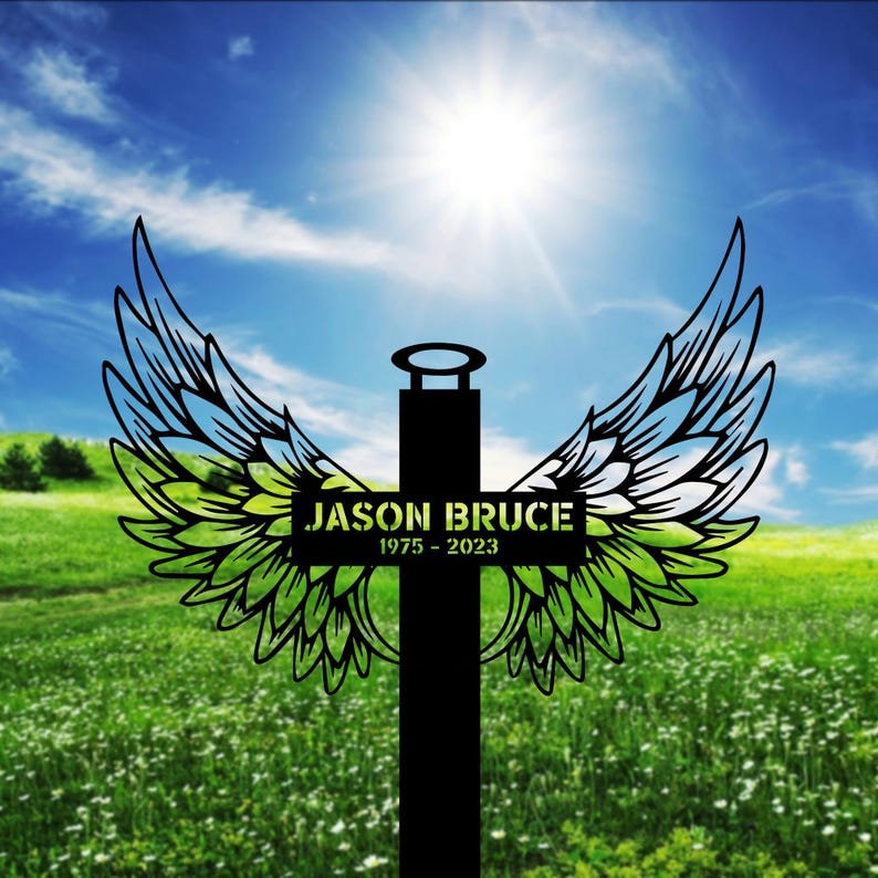 Custom Cross With Wing Metal, Cross Sign Memorial Stake, Cross Stake, Metal Stake, Sympathy Gift, Garden Sign, Grave Marker Remembrance Sign