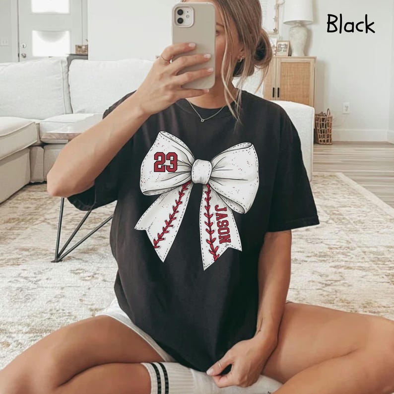 Custom Baseball Bow Shirt, Baseball Mom Shirt With Kids Name & Jersey Number, Baseball Wife shirt, Cute Baseball Mama Shirt, Baseball Season