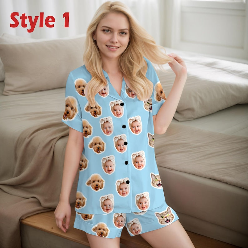 Custom Women Pajamas with Face, Custom Women Short Sleeve Pajama Set,Personalized Pajama with Face,Custom Photo Pajamas,Birthday/Party Gifts