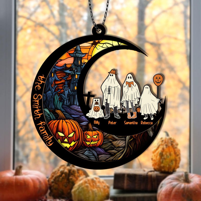 Personalized Ghost Family Suncatcher, Halloween Family Portrait with Pets Window Hanging Ornament Dark Gothic Home Decor, Ghost Dog Cat Gift