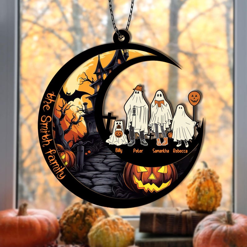 Personalized Ghost Family Suncatcher, Halloween Family Portrait with Pets Window Hanging Ornament Dark Gothic Home Decor, Ghost Dog Cat Gift