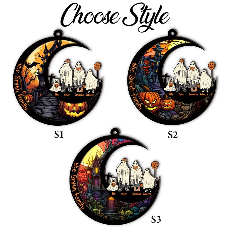 Personalized Ghost Family Suncatcher, Halloween Family Portrait with Pets Window Hanging Ornament Dark Gothic Home Decor, Ghost Dog Cat Gift