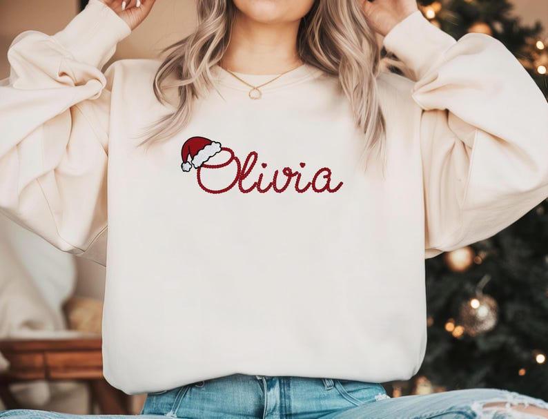 Embroidered Personalized Christmas Sweatshirt, Embroidered Christmas Custom Name Crewneck Sweater, Custom Xmas Gift, Custom Family Sweaters