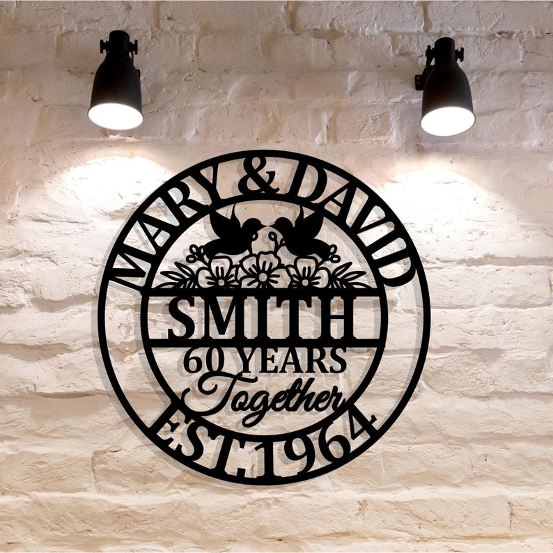 60th Anniversary Gift-Parents Anniversary,Diamond Anniversary,60 Year Anniversary Sign,Wedding Anniversary Metal Wall Art,floral Doves Sign