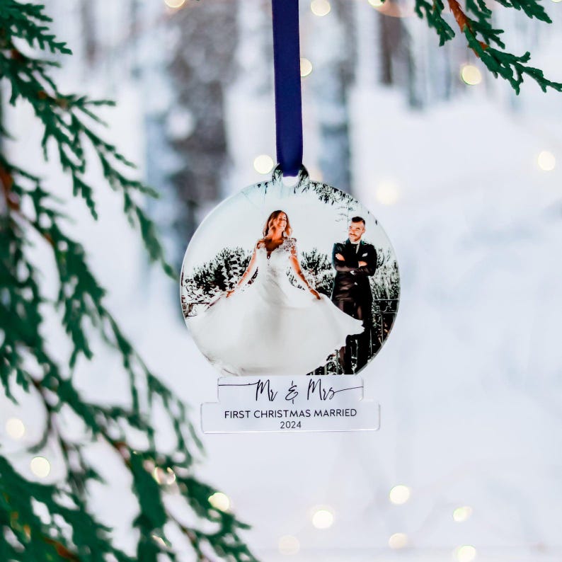 First Christmas Married Ornaments, Mr And Mrs Photo, Our First Christmas, Just Married Ornament, Wedding Couple Custom Gift, 2024 Decoration
