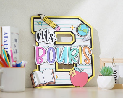 Personalized Teacher Door Sign, Personalised Name with Pencil Teacher Sign, Classroom 3D Wood Art, Teacher Door Hanger, Back to School Sign