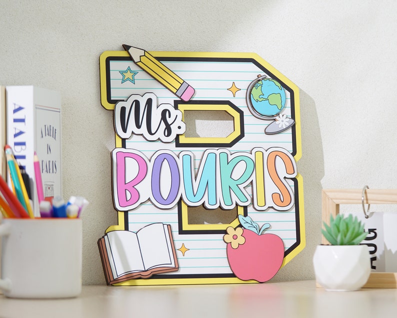 Personalized Teacher Door Sign, Personalised Name with Pencil Teacher Sign, Classroom 3D Wood Art, Teacher Door Hanger, Back to School Sign