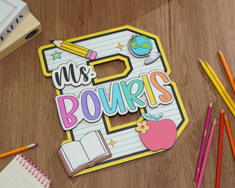 Personalized Teacher Door Sign, Personalised Name with Pencil Teacher Sign, Classroom 3D Wood Art, Teacher Door Hanger, Back to School Sign
