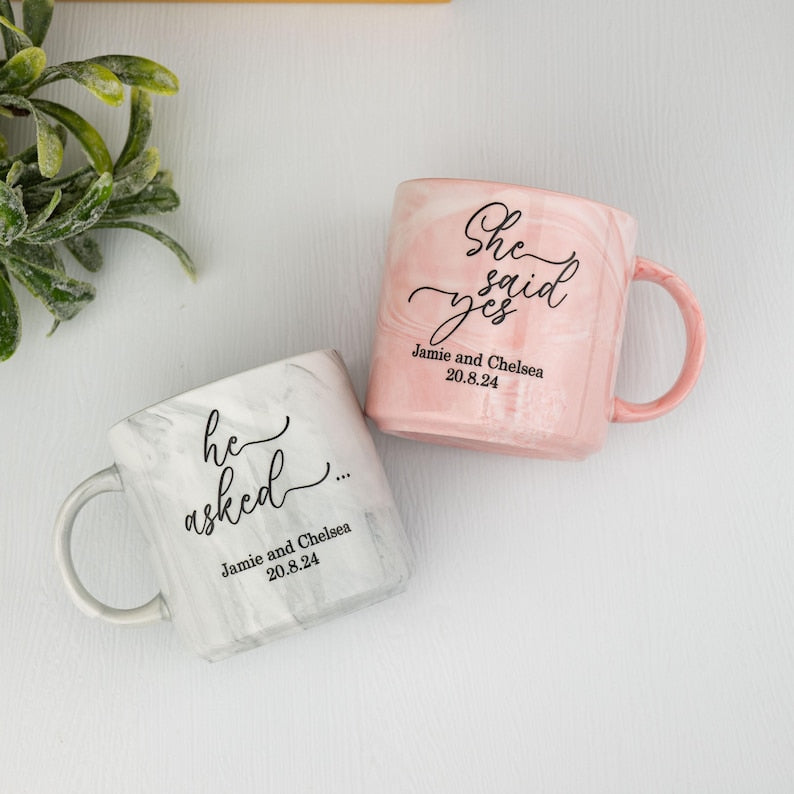 Personalised Engagement Mugs, Couple Engagement Present, Happy Engagement Gift, He Asked, She Said Yes