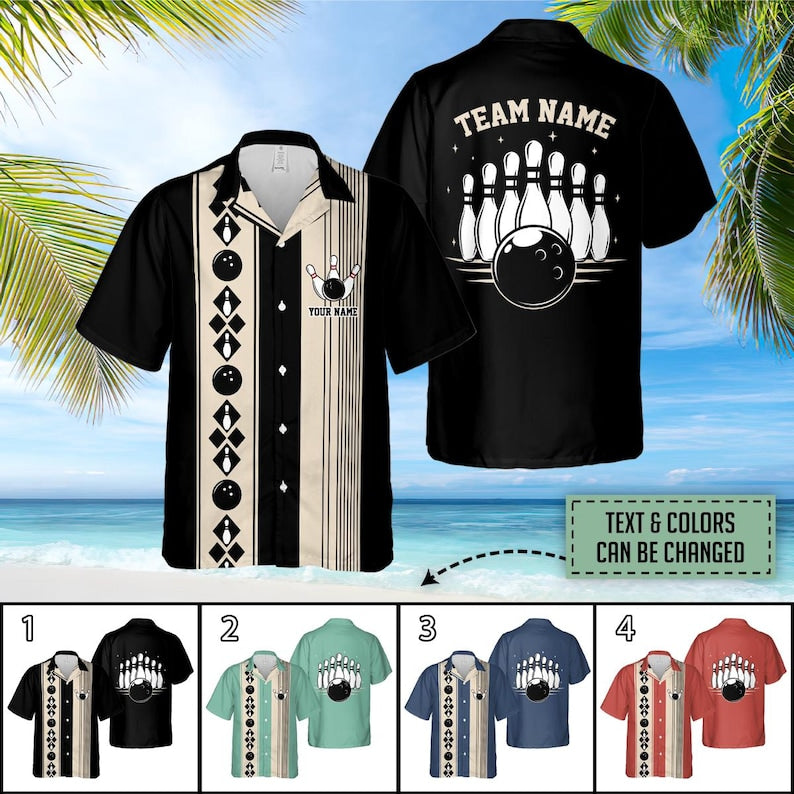 Personalized Retro Bowling Hawaiian Shirt, Custom Name Bowler Button Down Shirt, Matching Bowling Team Shirt, Bowling Lover Gift Shirt