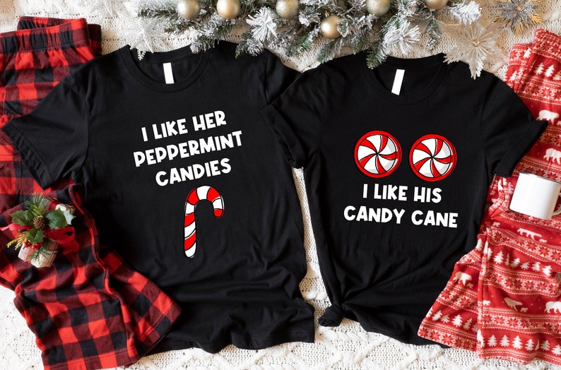 I Like Her Peppermint Candies Shirt, I Like His Candy Cane T-shirt, Funny Christmas Couples Shirts, Matching X-mas Husband Wife Tees Gift