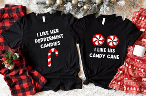 I Like Her Peppermint Candies Shirt, I Like His Candy Cane T-shirt, Funny Christmas Couples Shirts, Matching X-mas Husband Wife Tees Gift