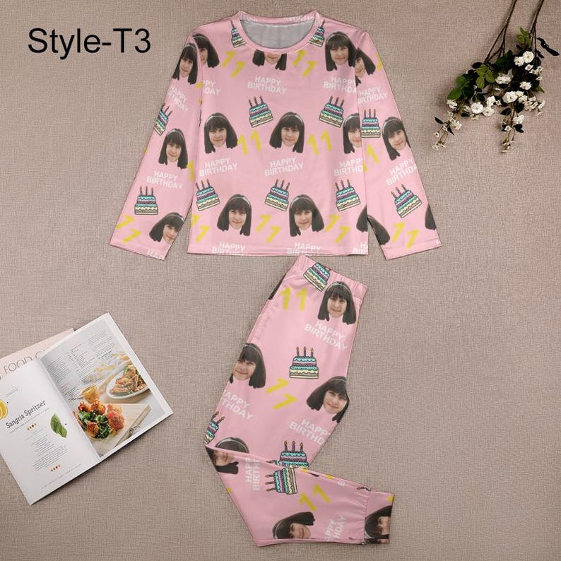 Custom Faces Pajama Set, Personalized Picture Long Sleeves Pajama Top Bottom, Cute Funny Pajamas Pants for Kids Boys Girls, Birthday Gift