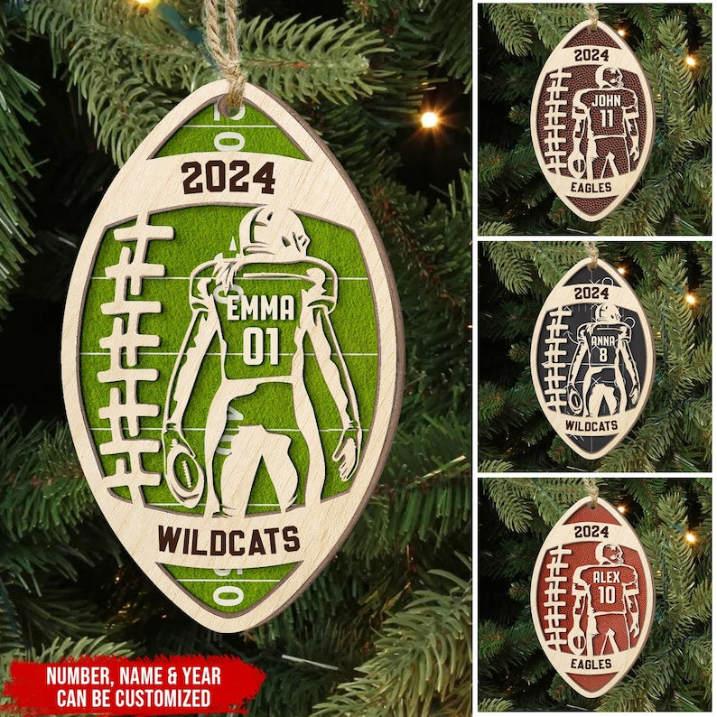 Custom Football Player Personalized 2 Layer Wooden Ornament, Football Fan Gift, Custom Name Number Football Player Art, Football Lovers Gift