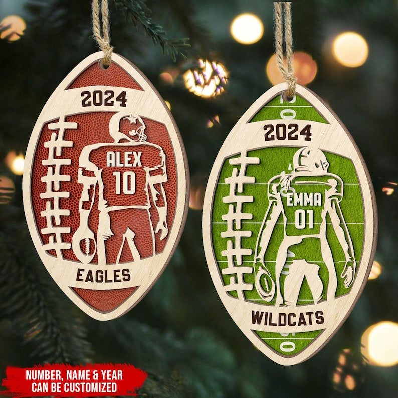 Custom Football Player Personalized 2 Layer Wooden Ornament, Football Fan Gift, Custom Name Number Football Player Art, Football Lovers Gift