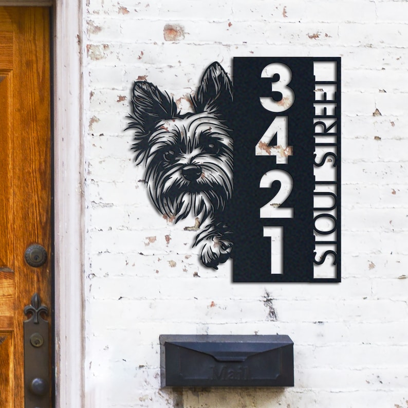 Metal Address Sign, Yorkie Sign, Vertical House Number Plaque for Outdoor Use