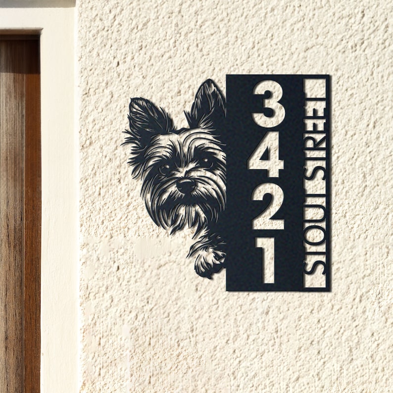 Metal Address Sign, Yorkie Sign, Vertical House Number Plaque for Outdoor Use