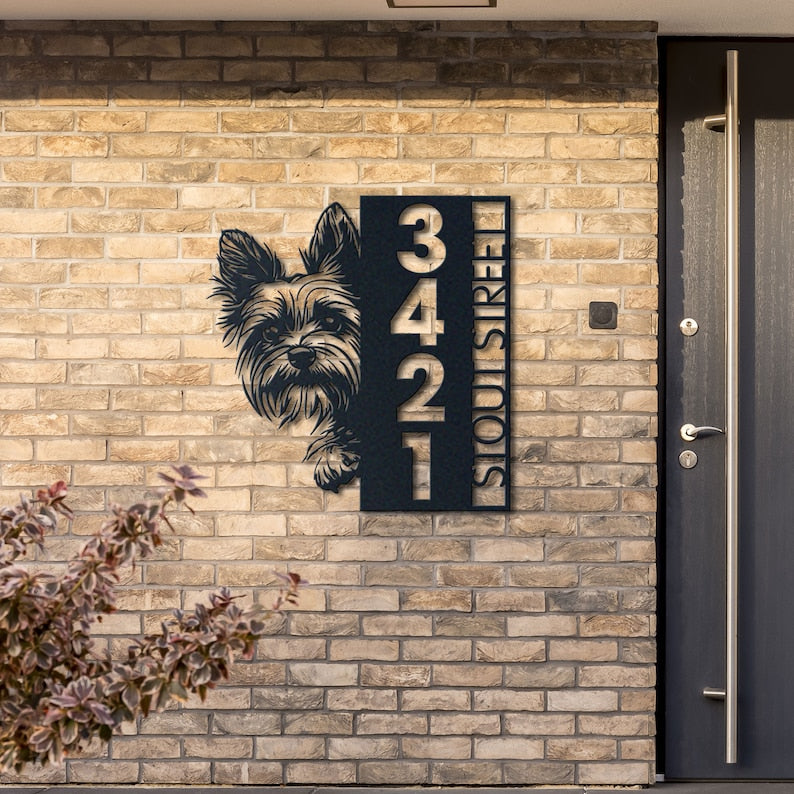 Metal Address Sign, Yorkie Sign, Vertical House Number Plaque for Outdoor Use