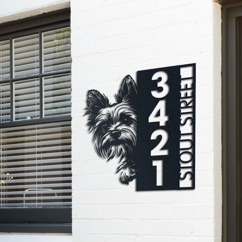 Metal Address Sign, Yorkie Sign, Vertical House Number Plaque for Outdoor Use