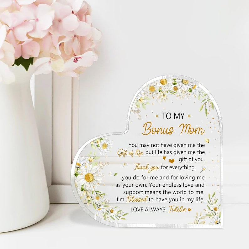 Personalized Stepmother Gift From Daughter, To My Bonus Mom Heart Acrylic Plaque, Mothers Day Gift, Gift For Step Mom, Gifts For Stepmom