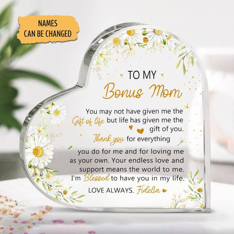 Personalized Stepmother Gift From Daughter, To My Bonus Mom Heart Acrylic Plaque, Mothers Day Gift, Gift For Step Mom, Gifts For Stepmom