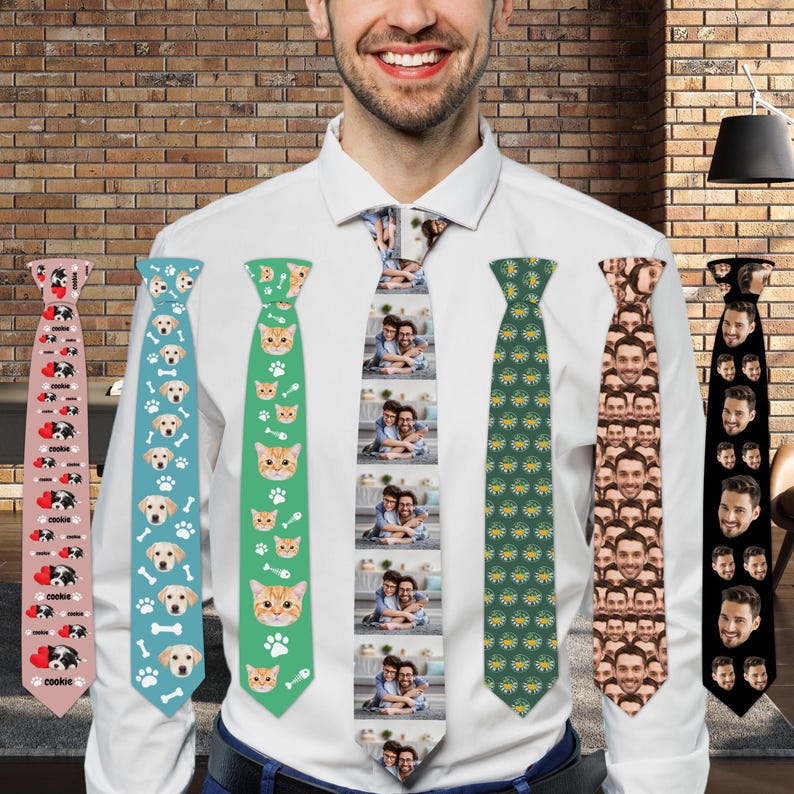Custom Mens Neck Tie, Personalized Funny Photo Gifts for Men Dad Him, Birthday Fathers Day Ties, Logo Tie, Cat/Dog/Pet Tie, Party Tie