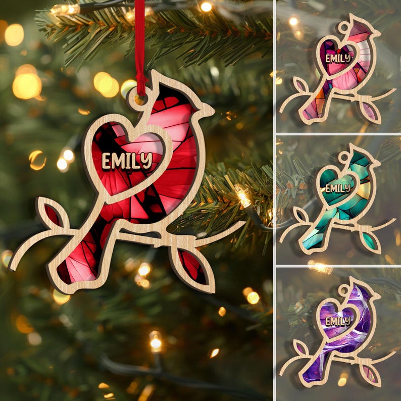 Personalized Cardinal Layered Wood Ornament, Custom Bird Christmas Tree Ornament, Cardinal Christmas Home Decor, Memorial Ornament Gifts