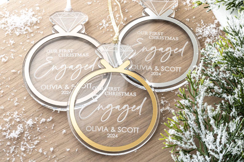 First Christmas Engaged Ornament, Personalized Acrylic Engagement Ring Christmas Ornament, 2024, Newly Engaged Gift, Engagement Gift