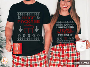 Hug Package Matching Christmas Couple Shirts, Ugly Christmas Sweatshirts for Couple, Couple Christmas Pajamas, Raunchy His and Hers Christmas Shirts