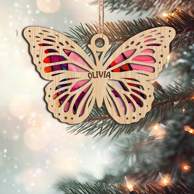 Personalized Butterfly Layered Wood Ornament, Custom Name Butterfly Christmas Tree Ornament, Butterfly Christmas Home Decor, Butterfly Gifts