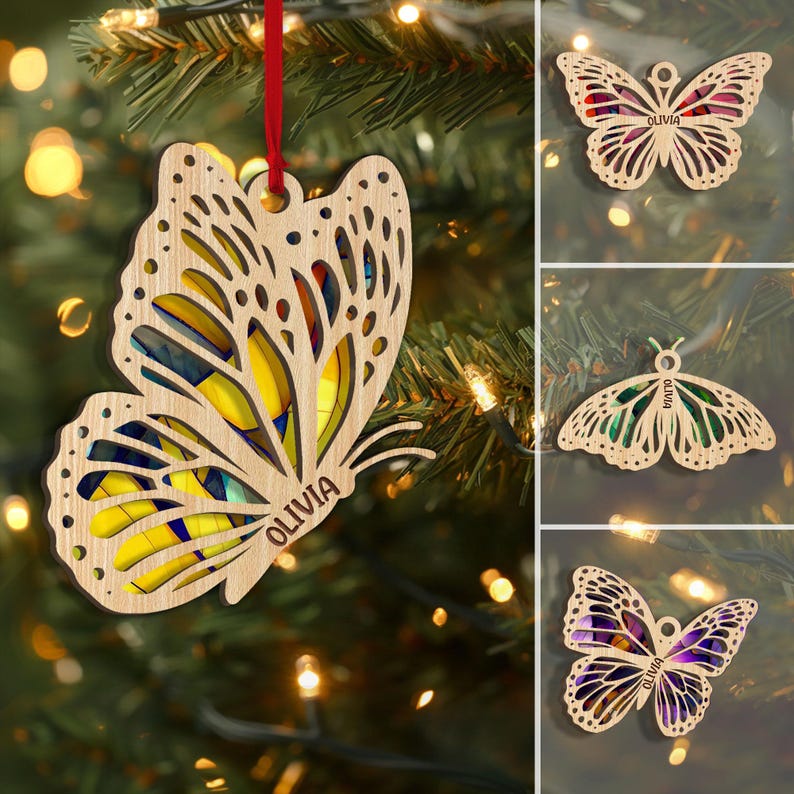 Personalized Butterfly Layered Wood Ornament, Custom Name Butterfly Christmas Tree Ornament, Butterfly Christmas Home Decor, Butterfly Gifts