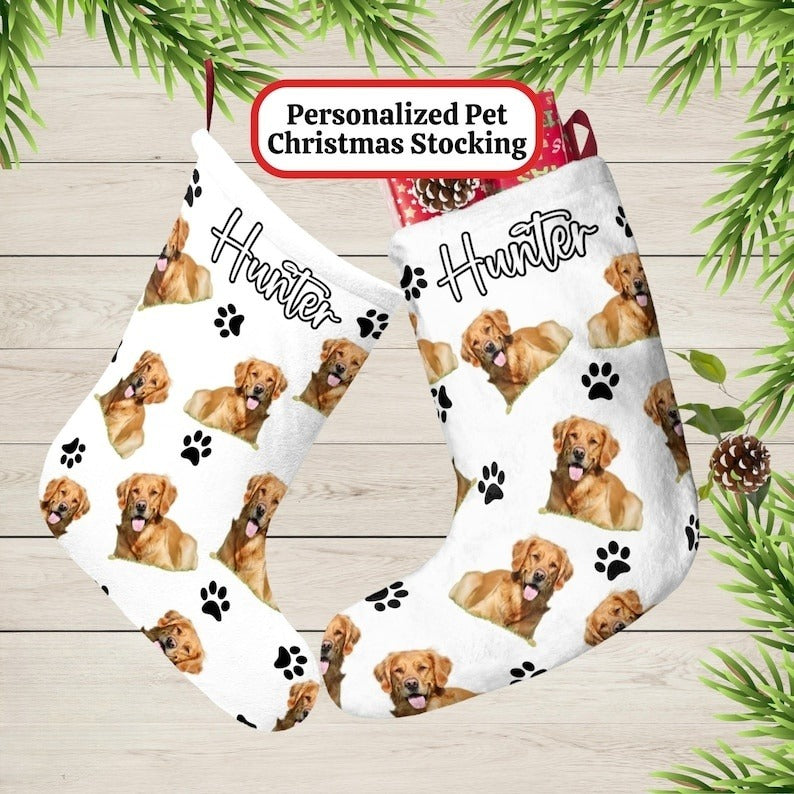 Custom Pet Photo Christmas Stocking, Personalized Dog Name Holiday Decor Sock, Large Fleece Stocking, Cat Stocking, Family Mantle Home Decor